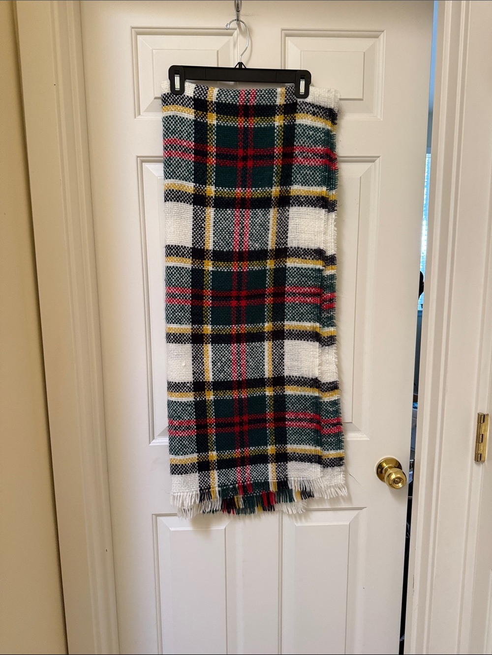 Plaid Fringe Scarf/Throw in White, Green & Red